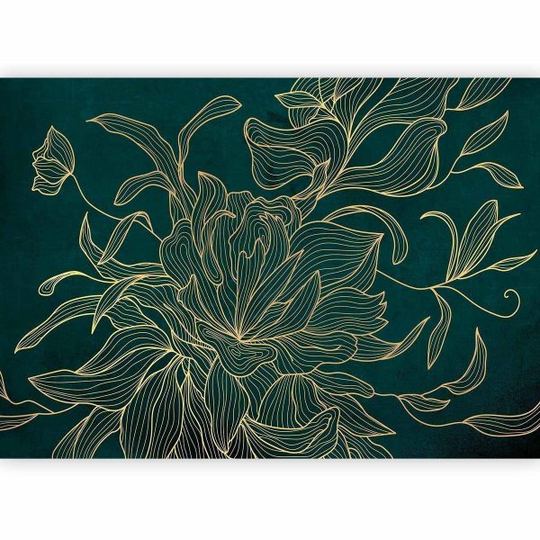 Papier peint - Green boudoir - linear drawing of a flower in golden colours on a dark background