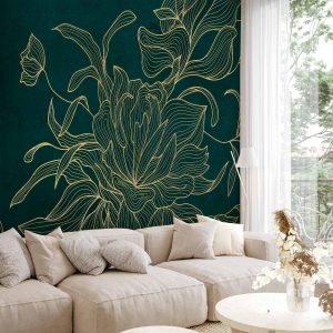 Papier peint - Green boudoir - linear drawing of a flower in golden colours on a dark background