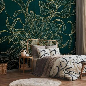 Papier peint - Green boudoir - linear drawing of a flower in golden colours on a dark background