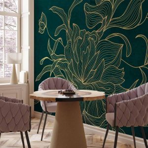 Papier peint - Green boudoir - linear drawing of a flower in golden colours on a dark background