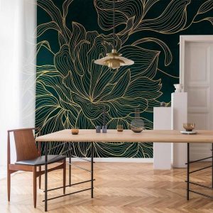 Papier peint - Green boudoir - linear drawing of a flower in golden colours on a dark background