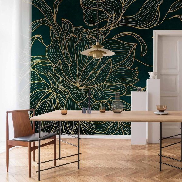 Papier peint - Green boudoir - linear drawing of a flower in golden colours on a dark background