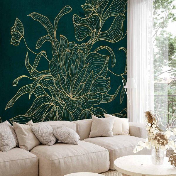 Papier peint - Green boudoir - linear drawing of a flower in golden colours on a dark background Papier peint - Green boudoir - linear drawing of a flower in golden colours on a dark background