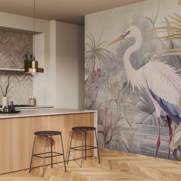 Papier peint - Heron wading in a pond - illustration in bright colours