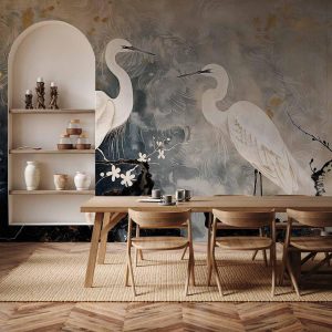 Papier peint - Herons and cherry blossoms - oriental-style illustration depicting birds