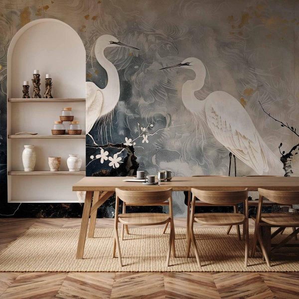 Papier peint - Herons and cherry blossoms - oriental-style illustration depicting birds