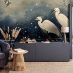 Papier peint - Herons over a winter pond - Japanese-style illustration in dark colours