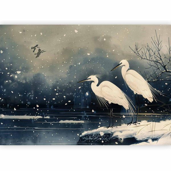 Papier peint - Herons over a winter pond - Japanese-style illustration in dark colours
