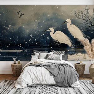 Papier peint - Herons over a winter pond - Japanese-style illustration in dark colours
