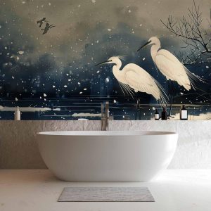 Papier peint - Herons over a winter pond - Japanese-style illustration in dark colours