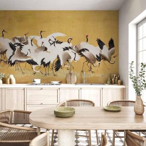 Papier peint - Japanese cranes - a flock of birds against a golden background based on a painting by Ishida Yūtei