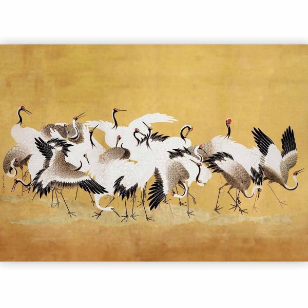Papier peint - Japanese cranes - a flock of birds against a golden background based on a painting by Ishida Yūtei