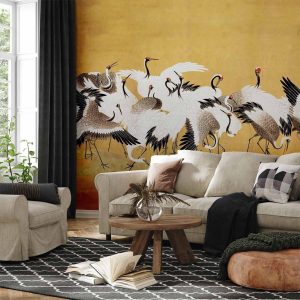 Papier peint - Japanese cranes - a flock of birds against a golden background based on a painting by Ishida Yūtei