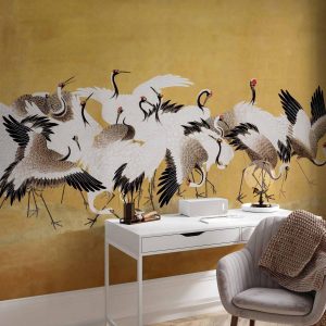 Papier peint - Japanese cranes - a flock of birds against a golden background based on a painting by Ishida Yūtei