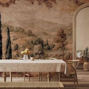 Papier peint - Mediterranean landscape - old tapestry with a hill and a lake