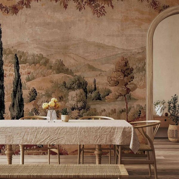 Papier peint - Mediterranean landscape - old tapestry with a hill and a lake