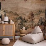 Papier peint - Mediterranean landscape - old tapestry with a hill and a lake