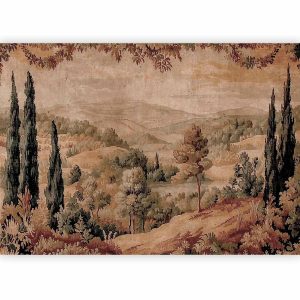 Papier peint - Mediterranean landscape - old tapestry with a hill and a lake