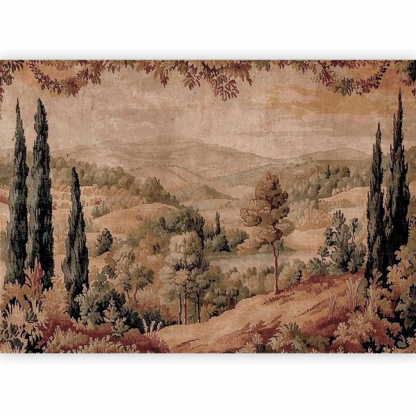 Papier peint - Mediterranean landscape - old tapestry with a hill and a lake
