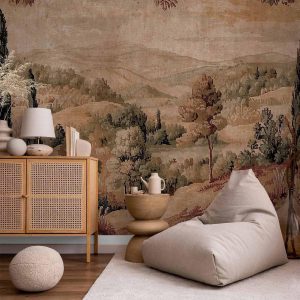 Papier peint - Mediterranean landscape - old tapestry with a hill and a lake