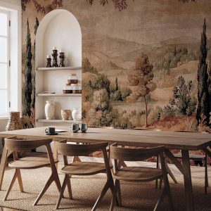 Papier peint - Mediterranean landscape - old tapestry with a hill and a lake