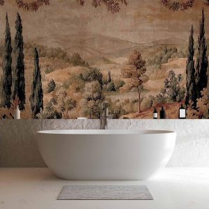 Papier peint - Mediterranean landscape - old tapestry with a hill and a lake