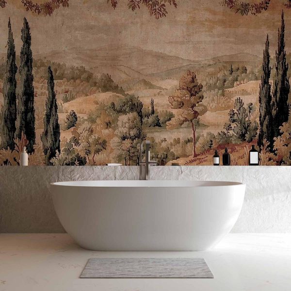 Papier peint - Mediterranean landscape - old tapestry with a hill and a lake