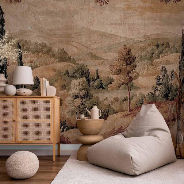 Papier peint - Mediterranean landscape - old tapestry with a hill and a lake Papier peint - Mediterranean landscape - old tapestry with a hill and a lake