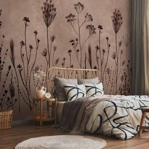 Papier peint - Wildflowers – black plants on lime-wash background