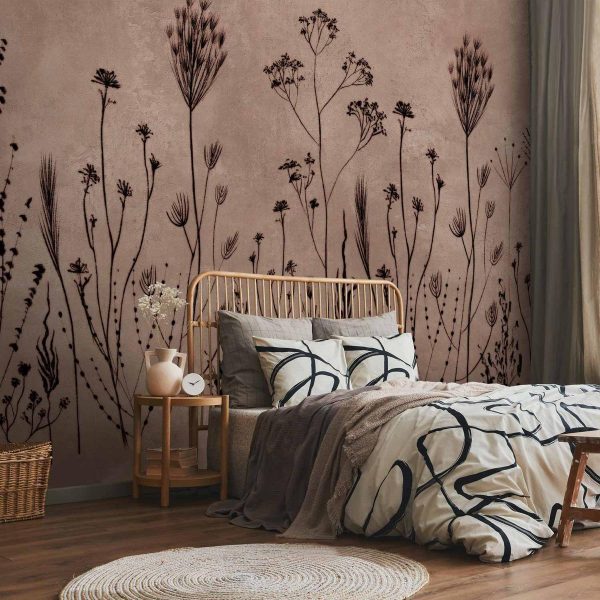 Papier peint - Wildflowers – black plants on lime-wash background