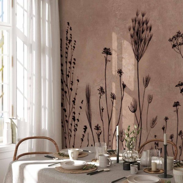 Papier peint - Wildflowers – black plants on lime-wash background