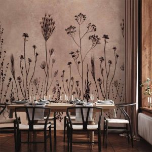 Papier peint - Wildflowers – black plants on lime-wash background