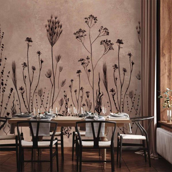 Papier peint - Wildflowers – black plants on lime-wash background