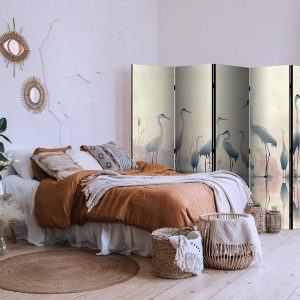 Paravent - Birds by the lake - herons painted in watercolours in delicate grey and pink colours