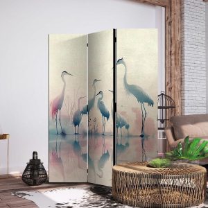 Paravent - Birds by the lake – herons painted in watercolours in delicate grey and pink colours
