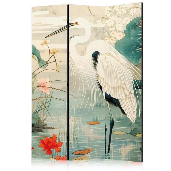 Paravent - By an Asian pond - an illustration in the style of a Japanese engraving, depicting a heron Paravent - By an Asian pond - an illustration in the style of a Japanese engraving, depicting a heron