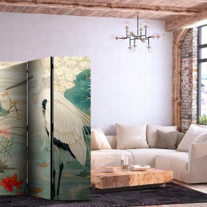 Paravent - By an Asian pond - an illustration in the style of a Japanese engraving, depicting a heron