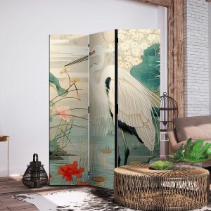 Paravent - By an Asian pond - an illustration in the style of a Japanese engraving, depicting a heron