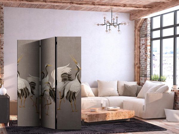 Paravent - Crane dance - bright silhouettes of birds on a warm grey background with texture