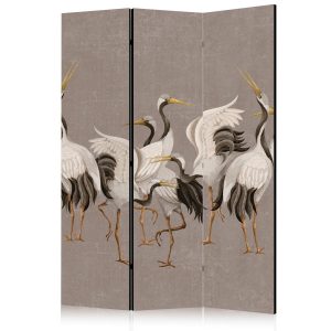 Paravent - Crane dance - bright silhouettes of birds on a warm grey background with texture