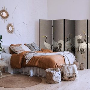 Paravent - Cranes dancing - bright silhouettes of birds on a warm grey background with texture