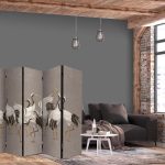 Paravent - Cranes dancing - bright silhouettes of birds on a warm grey background with texture