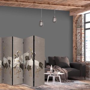 Paravent - Cranes dancing - bright silhouettes of birds on a warm grey background with texture