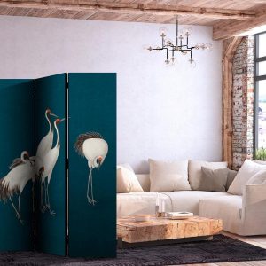 Paravent - Evening by the pond - a group of cranes drawn with dry pastels on a dark turquoise background