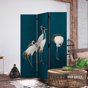 Paravent - Evening by the pond - a group of cranes drawn with dry pastels on a dark turquoise background