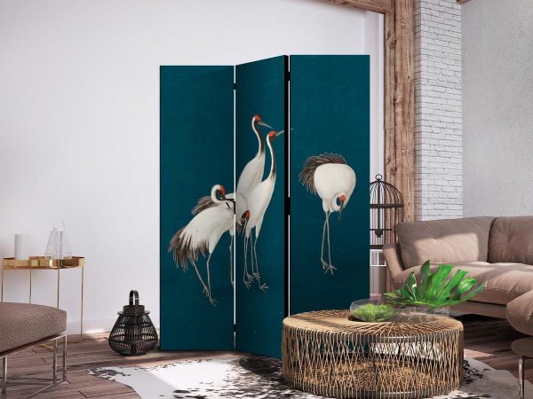 Paravent - Evening by the pond - a group of cranes drawn with dry pastels on a dark turquoise background