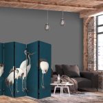 Paravent - Evening by the pond - a group of cranes drawn with dry pastels on a dark turquoise background