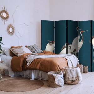 Paravent - Evening by the pond - a group of cranes drawn with dry pastels on a dark turquoise background