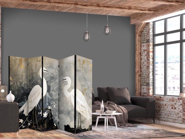 Paravent - Herons and cherry blossoms - oriental-style illustration depicting birds Paravent - Herons and cherry blossoms - oriental-style illustration depicting birds