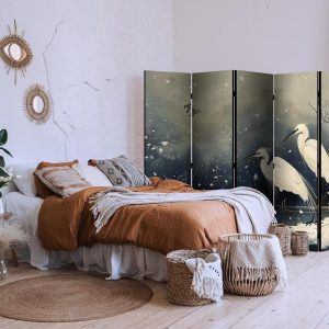 Paravent - Herons over a winter pond - Japanese-style illustration in dark colours